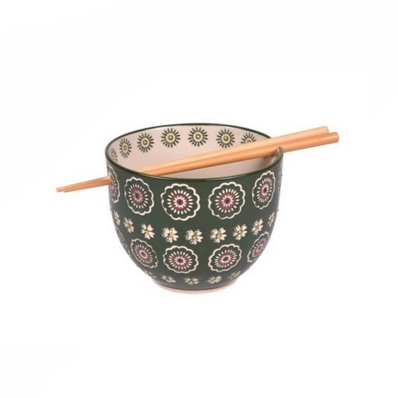 Ciotola per ramen verde floreale in ceramica dipinta a mano con bacchette incluse